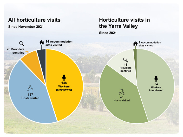 All horticulture visits, since November 2021 Workers Interview – 148 Hosts Visited – 157  Providers identified – 28 Accommodation Visited – 14  Horticulture visits in Yarra Valley, since 2021 Been to Yarra Valley on 13 separate occasions Workers Interview – 54  Hosts Visited – 48  Providers identified – 16  Accommodation Visited – 2