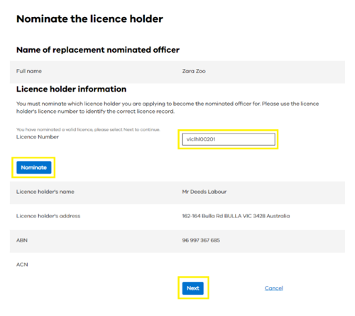 Nominate the licence holder